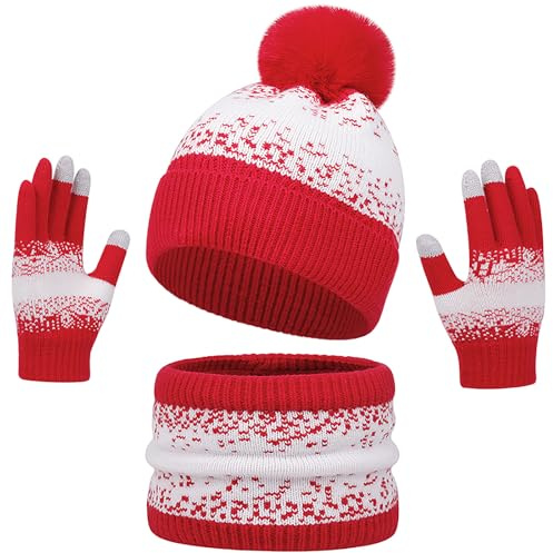 Baynetin Invierno Beanie Bufanda Guantes Conjunto para Las Mujeres Hombres Parejas - Caliente Punto Copo de Nieve Pom Sombrero, Snood/Bufanda Larga, Guantes de Pantalla Táctil Térmica