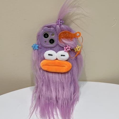 Aeilene Purple Furry Ugly Phone Case Compatible with iPhone 17 Pro Max, Cute DIY Long Hair Funny Thick Mouth Warm Plush Cases, 3D Cartoon Silly Fuzzy Winter Protective Cover for Women Girls