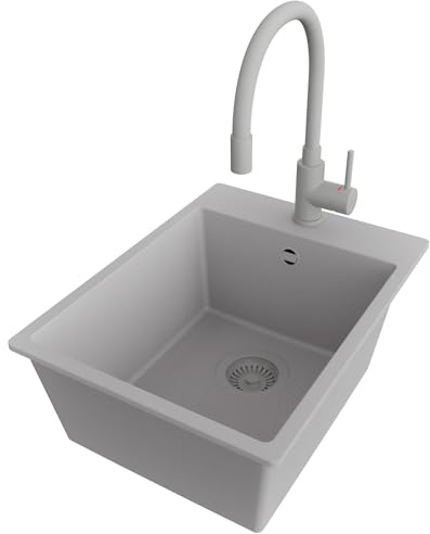 PRIMAGRAN Granitspüle ab 40er Unterschrank + Küchenarmatur, 38x50cm | Set: Küchenarmatur BW6020 + Ablauf-Set (Siphon, Ablaufgarnitur, Überlauf) + Spülbecken 1 Becken - Riga, Alles Grau