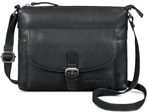 ROYALZ Maine moderne Vintage Damenhandtasche Leder klein - Echtleder Umhängetasche Damen Handtasche als Crossbody Bag oder Schultertasche für Freizeit Ausgehen Alltag;Farbe:Schwarz