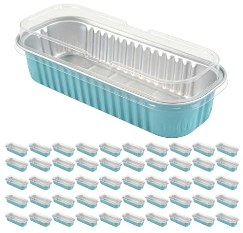 Hiuyavy 50Pcs Mini Loaf Pans with Lids, Mini Cake Tins Containers, 200ml Rectangular Aluminum Foil Baking Pans, Mini Loaf Cake Cases for Baking Cooking Roasting