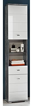 Hochschrank Badschrank Beistellschrank Bad Seitenschrank Badmöbel Peter I Beton/Weiß tiefzieh Hochglanz