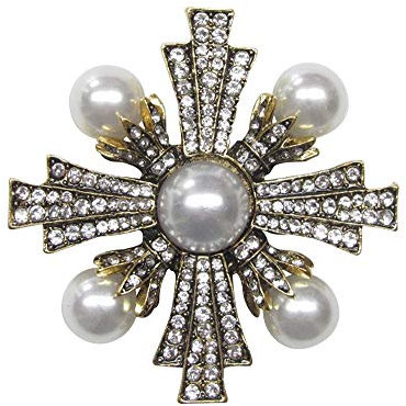 Broche acier en forme de croix étoilé strass cristal blanc et perles nacrées.
