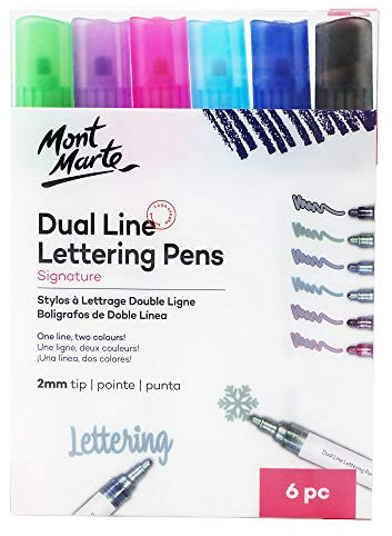 Mont Marte Signature Dual Line Buchstabenstifte, 6 Stück, selbstumrissende Stifte, 2 mm Spitze, 6 Farben enthalten, geeignet für Beschriftungen, Scrapbooking und Bastelarbeiten