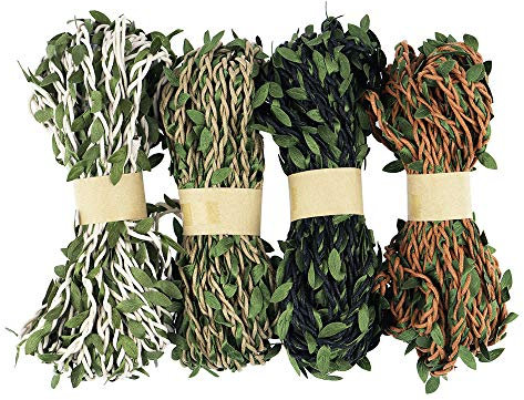 Jute-Schnur Wax Rope, NogaMoga 4 Farben 40m Sackleinen Blattband mit Wachsprozess und Künstlichen Rebengrünen Blättern Dekoration für DIY, Hochzeitsdekoration, Garten Kunstwerke und Kunst-Handwerk