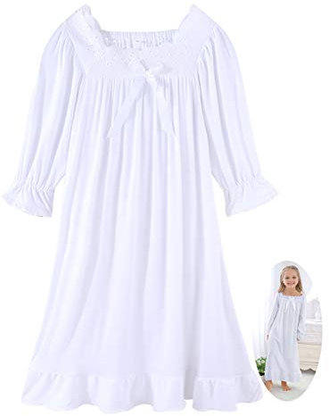 CHUNG Little Girls Vintage Victorian Nighties Long Sleeve Lace Square Neck Nightdress Princess Nightgown White 11-12 Years, 150 Cm