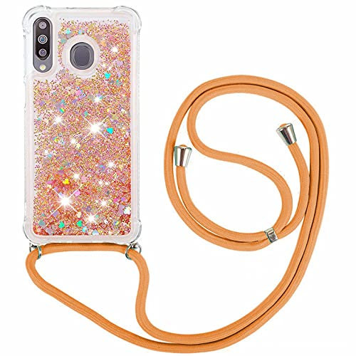 FMPCUON Coque Samsung Galaxy M30 /A40S Glitter Liquide Collier pour Téléphone Portable avec Cordon - Lanyard Paillettes Flowing Sand Silicone Gel TPU Housse avec Smartphone Collier Étui, Or