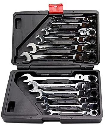 Chedin Ratschenschlüsselset, Ringschlüssel maulschlüssel set, 12-tlg Ring Maul Gabelschlüssel, 8-19mm schraubenschlüssel set, Ratschenringmaulschlüssel (Beweglicher Kopf)