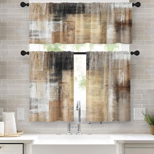 Tayney Braune Küchenfenstervorhänge Volant und Etagen-Set, grau beige 3-teiliges Set, Stangentasche, kurze Vorhänge für Fenster, moderne abstrakte Kunst, Schlafzimmer, Badezimmer
