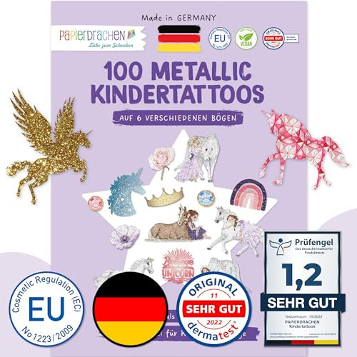 Papierdrachen 100 Metallic-Tattoos für Kinder - Hautfreundliche Kindertattoos Einhörner - Glitzer Tattoo - Geburtstagsmitgebsel - Für Jungen und Mädchen - in Deutschland hergestellt