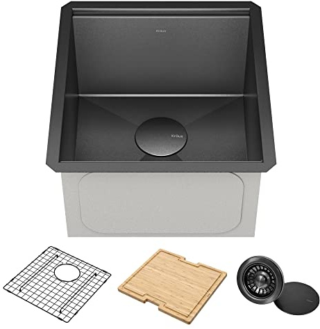 Kraus Kore - Fregadero de barra de cocina de acero inoxidable de calibre 16 de 17 pulgadas con accesorios