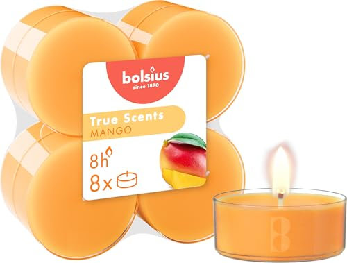 Bolsius - velas de té Perfumados - Fragancia Mango - Juego de 8 piezas - Color caramelo - Larga duración de 8 horas - diámetro 57 mm - Extractos naturales - Vela decorativa - Cera - Sin humo