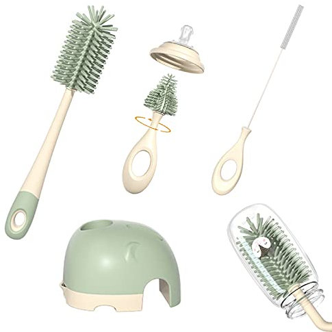 FOVNOT Long Handle Silicone Bottle Brush - Baby Set for Breast Pumps, Nipples, Storage Bags, Straws, Sippy Cups - Stand Included