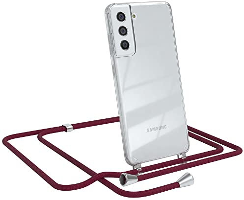 EAZY CASE Handykette kompatibel mit Samsung Galaxy S21 FE 5G Handyhülle mit Umhängeband, Handykordel mit Schutzhülle, Silikonhülle, Hülle, Stylische Kette für Smartphone, Burgunder Rot