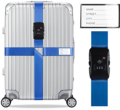 Veki Kreuz Gepäckgurte Kofferband Gurt TSA-Genehmigt mit Schloss Verstellbare Reisekoffergurte Koffergurt mit Namensausweis Packgurte für Koffer (Blau, 1 Stück)