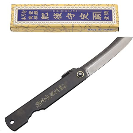 Couteau de Poche Pliant Artisanal Japonais Higonokami Zenkou Acier Carbone 55C et Manche Noir Couteau Estampillé Fait Main au Japon par Nagao Kanekoma HRC 58-59 (Small)