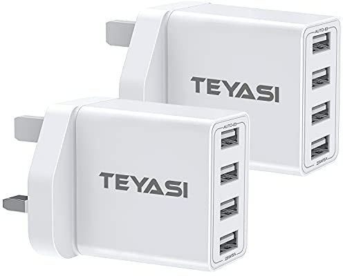 TEYASI 2 Pack USB Plug Adaptor UK, Multi Charger 4 Port 3 Pin Wall 25W/5V/2.4A Multiple Mains Power Adapter Fast Charging for iPhone 13 12 11 10 XS Max XR X 8 7 6 SE Samsung