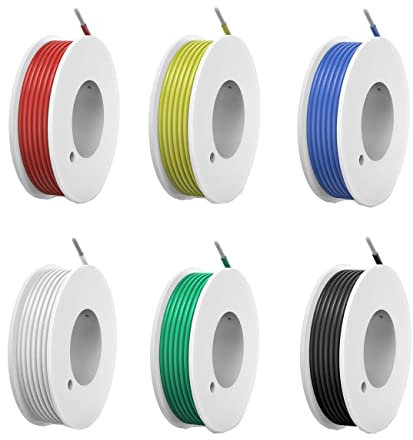 HUAZIZ Flexibler Silikon Leitungen Draht, 26 AWG Elektronik Kabel Set, Schaltdraht-Sortiment, 300V Litzen Verzinnter Kupferdraht, 6 Farbe Spule 600V 2.4A 6 x 10 Meter, für DIY RC-Flugzeuge usw