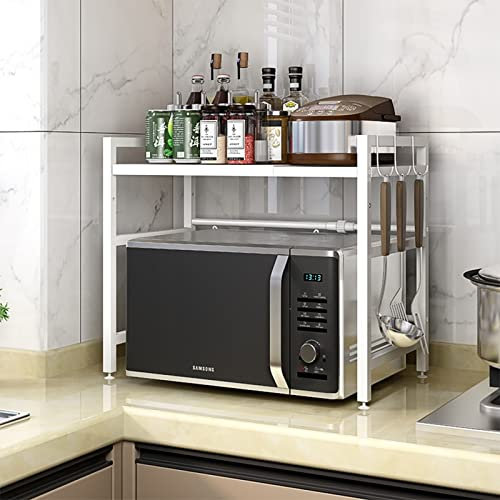 SHISHI Support Four à Micro-Ondes en Métal à 2 Niveaux, Ajustable Étagère de Cuisine Comptoir, Étagère Rangement Cuisine, Organisateur de Rangement Extensible, (40-64)×36,5×45 cm - Blanc