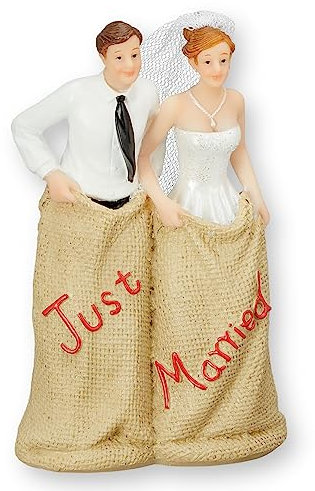 MIJOMA Tortenfigur Hochzeit Brautpaar Tortenaufsatz Tortendeko Hochzeitspaar für Torte Cake-Topper Hochzeitstorte, Dekofigur Hochzeitspaar Wedding Trauung (Sackhüpfen)