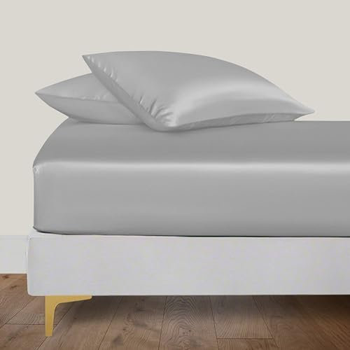 LINENWALAS Organic Vegan Bamboo Silk Fitted Sheet 160x200 cm, Deep Pocket up to 40 cm Soft, Oeko-Tex Certified Cooling Bamboo Bedding Only Fitted Sheet Perfect for Skin (Light Grey)
