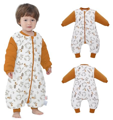 Baby Winter Schlafsack mit Füßen langen Ärmeln, Schlafsack Baby mit abnehmbaren Ärmeln,2.5tog Herbst Winter Schlafdecke für Säugling Kinder 1-3 Jahre alt von 70 bis 90 cm 100% Bio-Baumwolle Braun