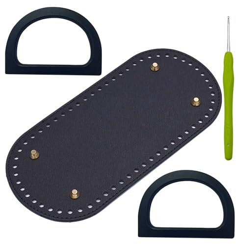 Taschenboden zum Häkeln, Yayatty 1 Stück Gehäkelte Taschenbasis mit 2 Stück Taschengriffe Holz, Ovale Ledertaschenbasis, Tasche Häkeln Zubehör, für Gehäkelte Tragetaschen taschenhenkel (Schwarz)