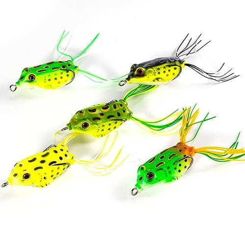 Dr.Fish 5-teiliges Frosch-Angelköder-Set, Frosch-Gummiköder mit imitierter Froschhaut, Doppelhaken, 3D-Augen, Kunststoff-Hohlkörper Oberflächenköder Raubfischköder für Barsch Forelle Hecht Zander