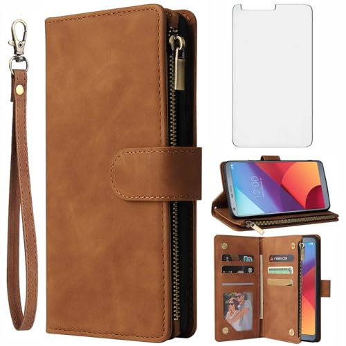 Asuwish Handyhülle für LG G6 Hülle mit Folie Schutzfolie und Kartenfach Klappbar Leder Geldbörse Ständer LG6 G 6 ThinQ H870 Reißverschluss Handyhüllen Schutzglas Hüllen Schutzhülle Phone Case Braun