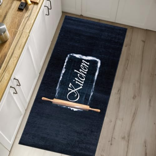 Mazovia Teppich Küche 80x300cm Schwarz Küchenmotiv Stilvoll rutschfest | Teppich für Wohnzimmer Schlafzimmer Esszimmer Büro Maschinenwaschbar Wetterfest Pflegeleicht Tierfreundlich Kurzflor Modern