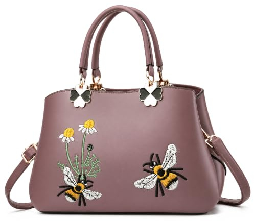 FOLOVEYA Handtasche Damen Elegant Blumen Umhängetaschen Henkeltaschen Frauen Top Griff Tasche PU Leder Tote Crossbody für Shopping Arbeiten Reisen Stickerei Schultertasche Lila