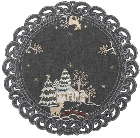 Weihnachten Hirsch im WinterlandschaftMitteldecke Leinenoptik ca. 60 cm Rund, Grau