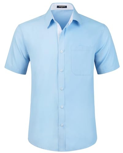 HISDERN Men's Short Sleeve Blue Shirt Regular Fit Formal Casual Button Down Business Shirt with Chest Pocket,4XL
