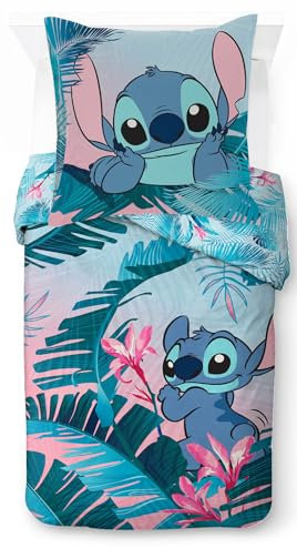 Jay Franco Disney Lilo und Stitch blumige Bettwäsche für eine Person – Kinderbettwäsche Set inklusive 80 x 80 cm Kopfkissenbezug, maschinenwaschbare Baumwollbettwäsche