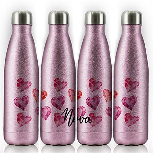 Personalised Water Bottle Customised with Name, 500ml Pink, Blue, Gold, Silver, White, Smooth, Glitter Stainless Steel Flask for Hot and Cold Drinks, Crystal Love Hearts Bottle