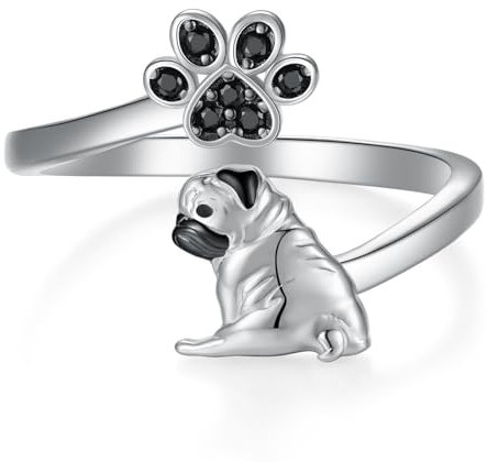 qielizhu Mops-Ring, 925er-Sterlingsilber, niedlicher Mops, Hundepfoten-Ring, Mops-Geschenk für Mops-Liebhaber, Mops-Schmuck für Frauen und Mädchen, Sterling Silber, Zirkon