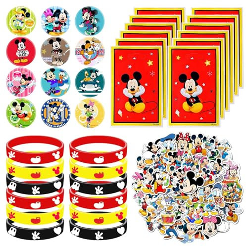 94PCS Minnie Mouse Kit de fête d'anniversaire pour enfants - Sacs cadeaux Minnie, bracelet en silicone, badges, autocollants, pour garçons filles Minnie Mouse décoration d'anniversaire