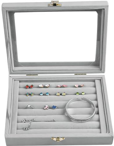 Elitecran Velvet Jewelry Organizer - 7 Compartment Storage Box with Acrylic Lid, Ring & Earring Display, Organizer for Women & Girls (Grey)