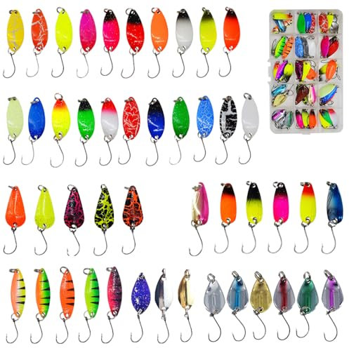 Palwin 46 Stück Blinker Angeln Set, Angelköder, 2g/2.5g/3g/3.2g/3.5g/5g, Forellenköder mit Aufbewahrungsbox, Köderfisch Spoons Forelle Set für Salzwasser Und SüSswasser für Hecht, Barsch, Forelle