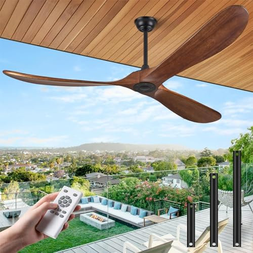 XDTKJDZ Log Home Fan Lamp, Retro Lamp Lighting Fan, Ceiling Fan, with Remote Outdoor Ceiling Fans for Patios Modern Ceiling Fan, No Light, Matte Black, 72-Inch darkwalnut