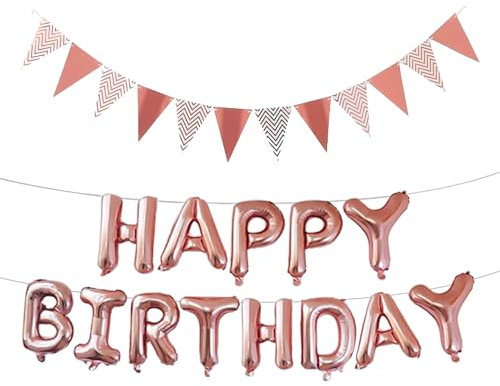 1 Set Of Rose Gold Birthday Balloon Banners, 1 Piece Of Triangular Pull Flag, Party Decoration Aluminum Film Balloon, Birthday Pull Flag, Balloon Hanging Decoration, Self-Inflating Balloon Banner