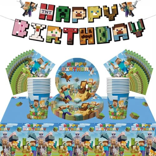 54Pcs Minecraft Birthday Tableware Decorations, Miner Theme Table Cloth, 7 inch Plates, Banner, Paper Napkins