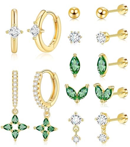 LYLYMIMI 7Pairs 14K Gold Plated Huggies Hoop Studs Earrings for Women Small Dangle Hoop Earrings Gold Green Earrings Set for Multiple Piercing