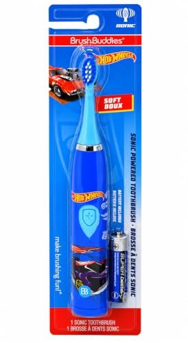 Brush Buddies Hot Wheels Battery Powered Sonic Electric Kids Toothbrush, Soft Bristles, Rounded Head, Children, Boys, Girls. Blue