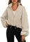 Timuspo Fleece Pullover Full Zip Stehkragen Kurzjacke Langarm Teddyfleece Jacke Sherpa Oberteil für Damen Kordelzug am Saum mit Taschen Herbst Sweatjacke Fleecejacke Hoodie Khaki M