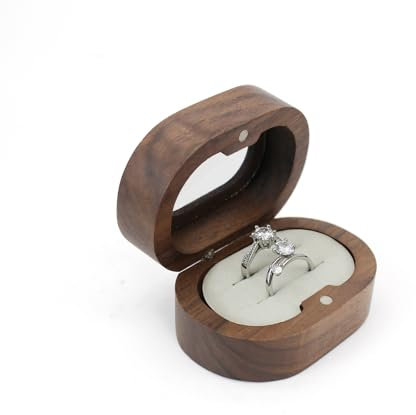 AfitLulu Ringbox Holz Elliptisch Ring Aufbewahrung mit Doppelter Ringnut und Transparentem Fenster, Ring Box Antrag Ringschatulle Vintage Ringhalter für Vorschläge Hochzeiten Verlobungen (Beige)