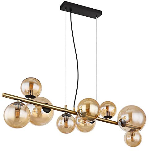 Pendelleuchte Hängelampe Esstischleuchte Kugellampe, 9-flammig, Glas, Amberfarben schwarz, 9x G9 LED 3W 80lm 3000K warmweiß, LxBxH 86,6x36x120 cm