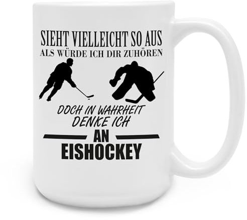 Samunshi® Große XXL Tasse mit Spruch Ich denke an Eishockey – Jumbo Ice Hockey Teetasse Kaffeetasse Lustige Tassen zum Geburtstag für alle Hockey Fans Kaffee Tee 450ml weiß
