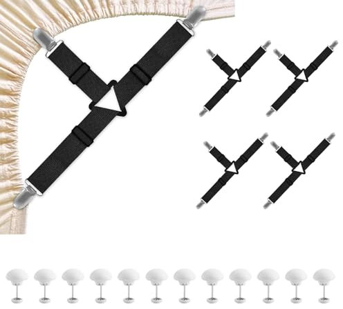 4 Bettlakenspanner Verstellbar & 12 Bettdecken Clips, Bettlaken Spanner für Bettlaken Spanngurte, Elastische Betttuchspanner mit Clips, Spannbettlaken Halter für Sofa Bügelbrett Matratzen Spanngurt