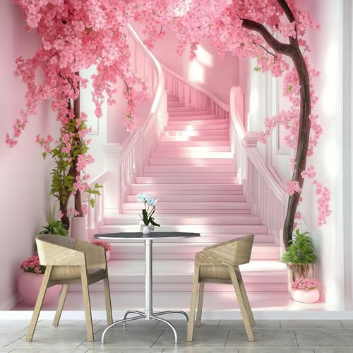 ANALTIRCE Papier Peint Panoramique Fleurs De Cerisier Roses Vignes Couloir, 250×175 cm Fleurs Papier Peint soie Personnalisé Photo Murale pour Salon Chambre d'enfants Décoration Murale